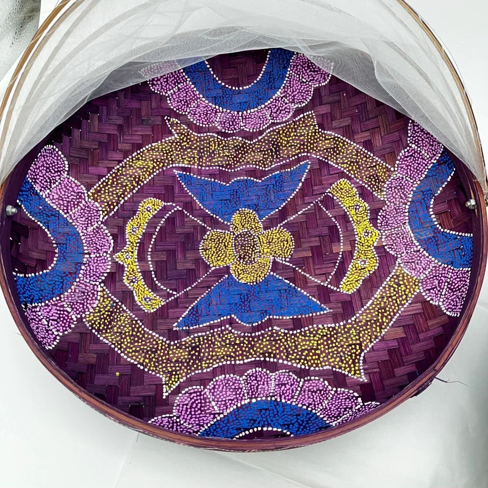 Set of 3 Bamboo Food Serving Tent Basket Hand Painted Boho Picnic Cover Mesh Net